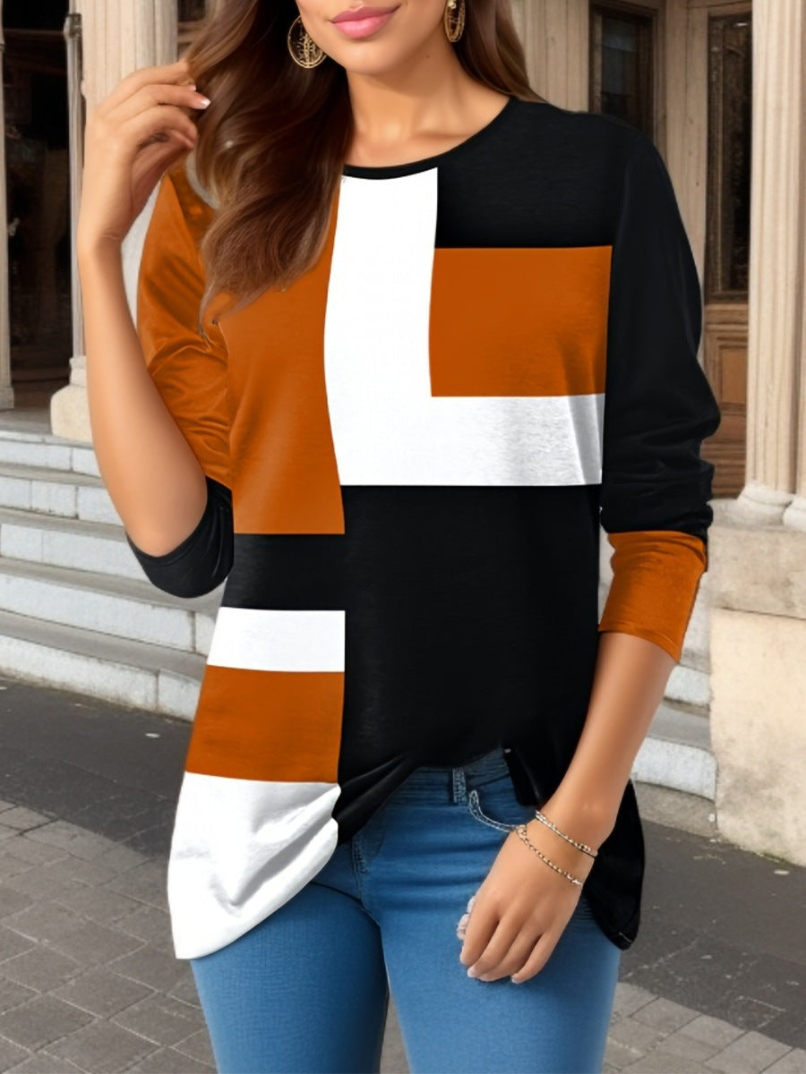 Women's Geometric Color Matching Long-sleeved T-shirt Blouses