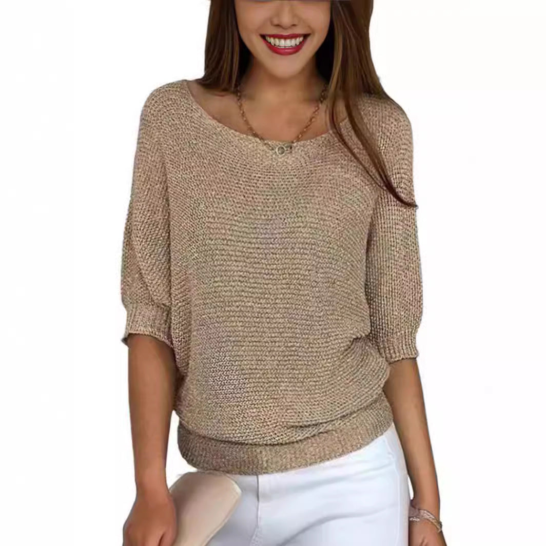 Women's Spring Solid Color Round Neck Commuter Elegant Cropped Sleeves Sweaters