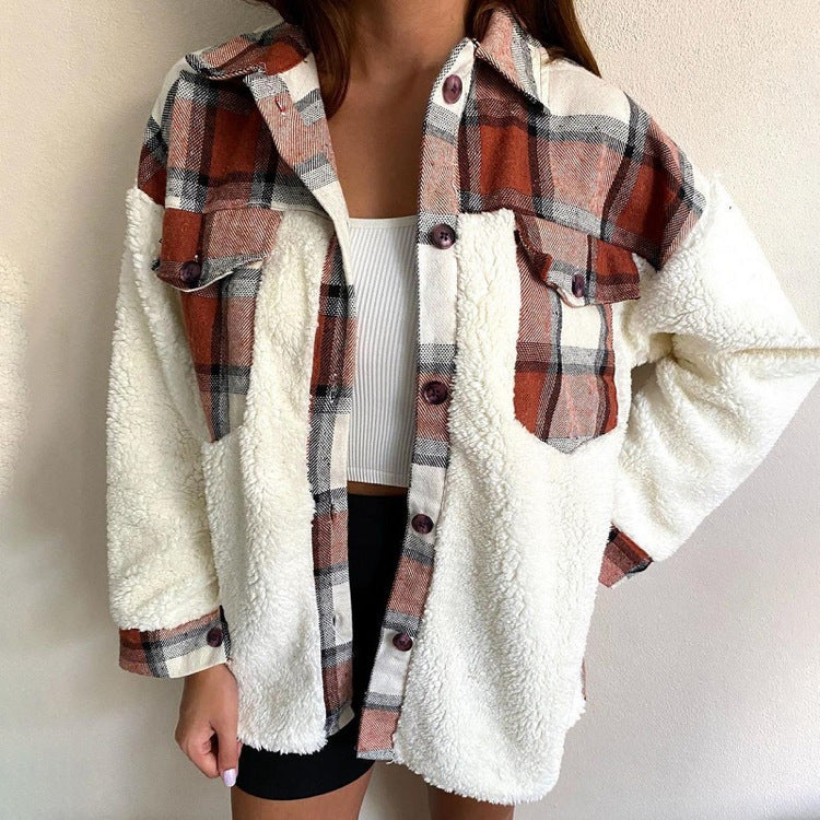 Women's Versatile Plush Shirt Single-breasted Plaid Sweaters