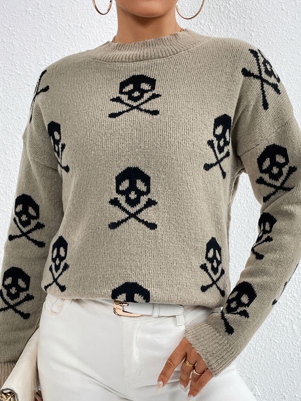 Women's Jacquard Round Neck Pullover Knitted Skull Sweaters