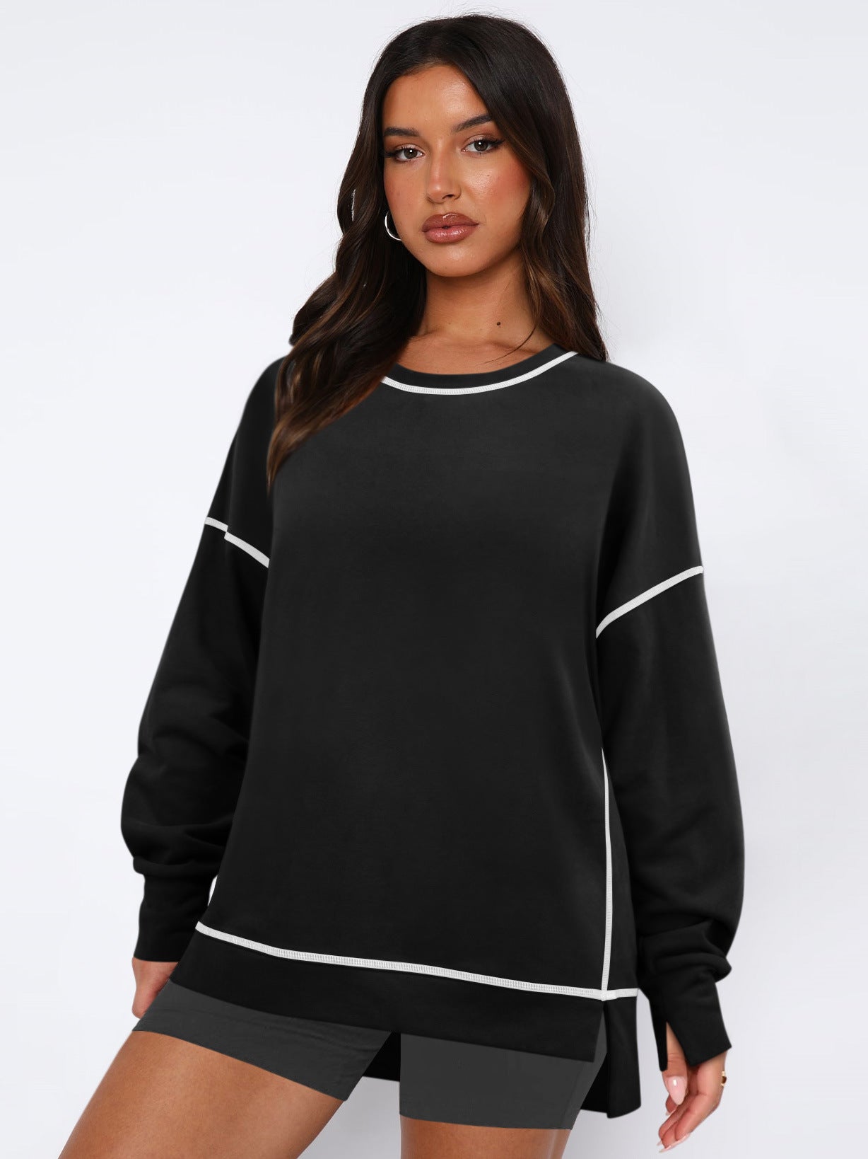 Women's Contrast Color Loose Pullover Split Long Sleeve Crew Sweaters