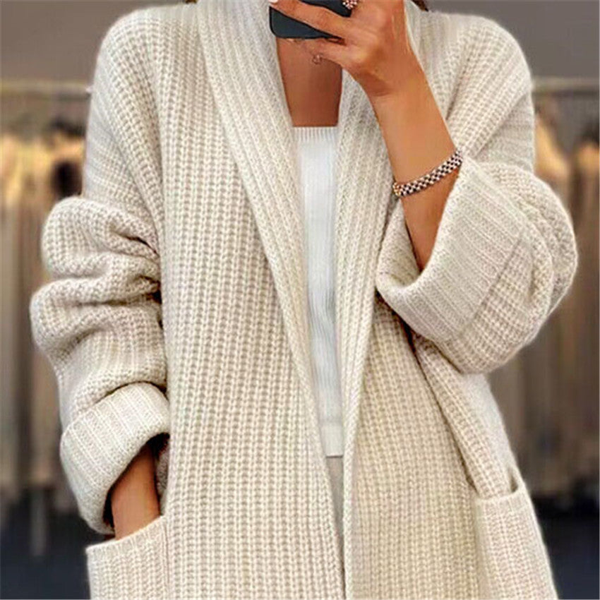 Women's Thickened Solid Color Knitted Loose Pockets Sweaters