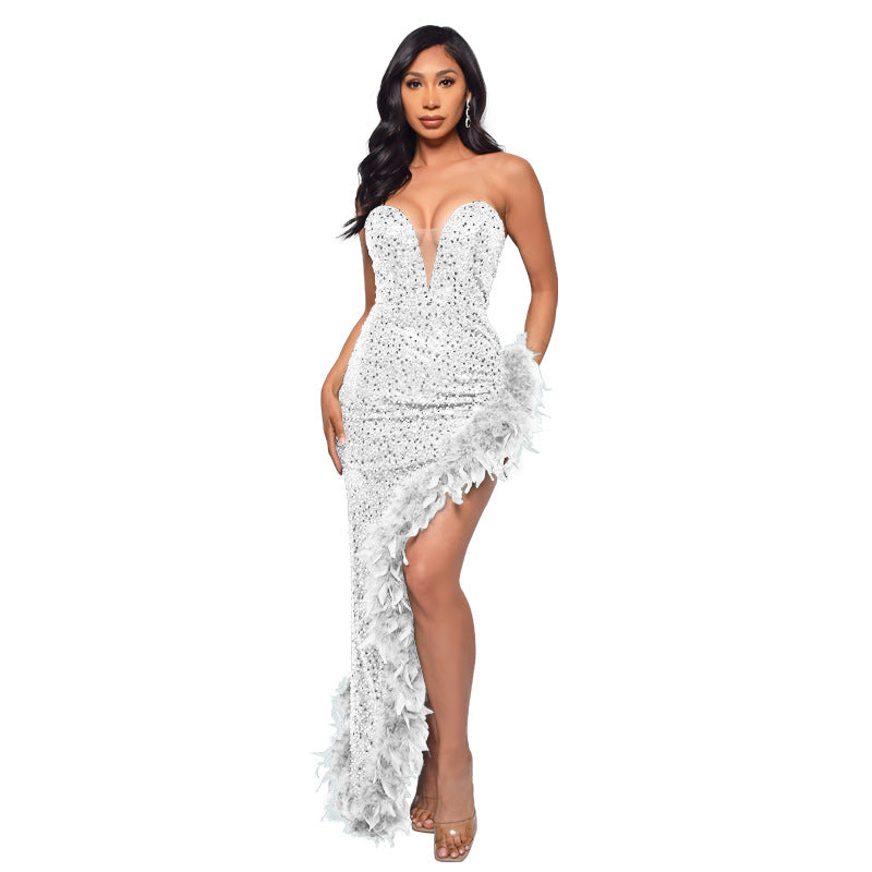 Women's Tube Backless Sequined Feather Dress Dresses