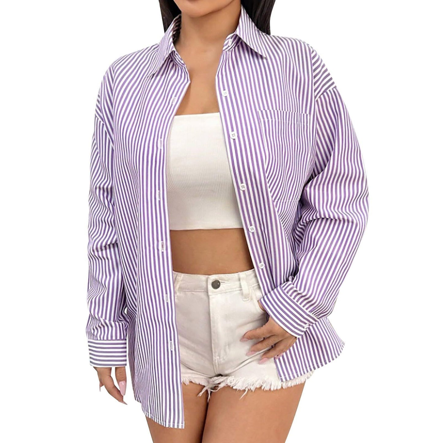 Women's With Pocket Loose Striped Classic Long Blouses