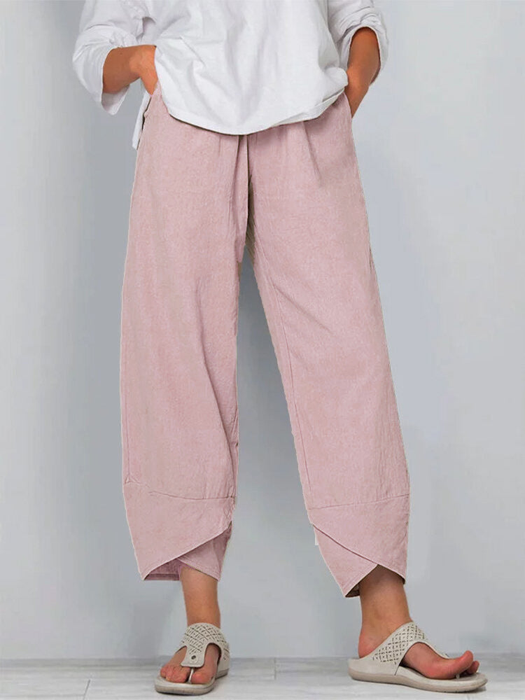 Pantalon décontracté ample en coton et lin à taille élastique pour femme