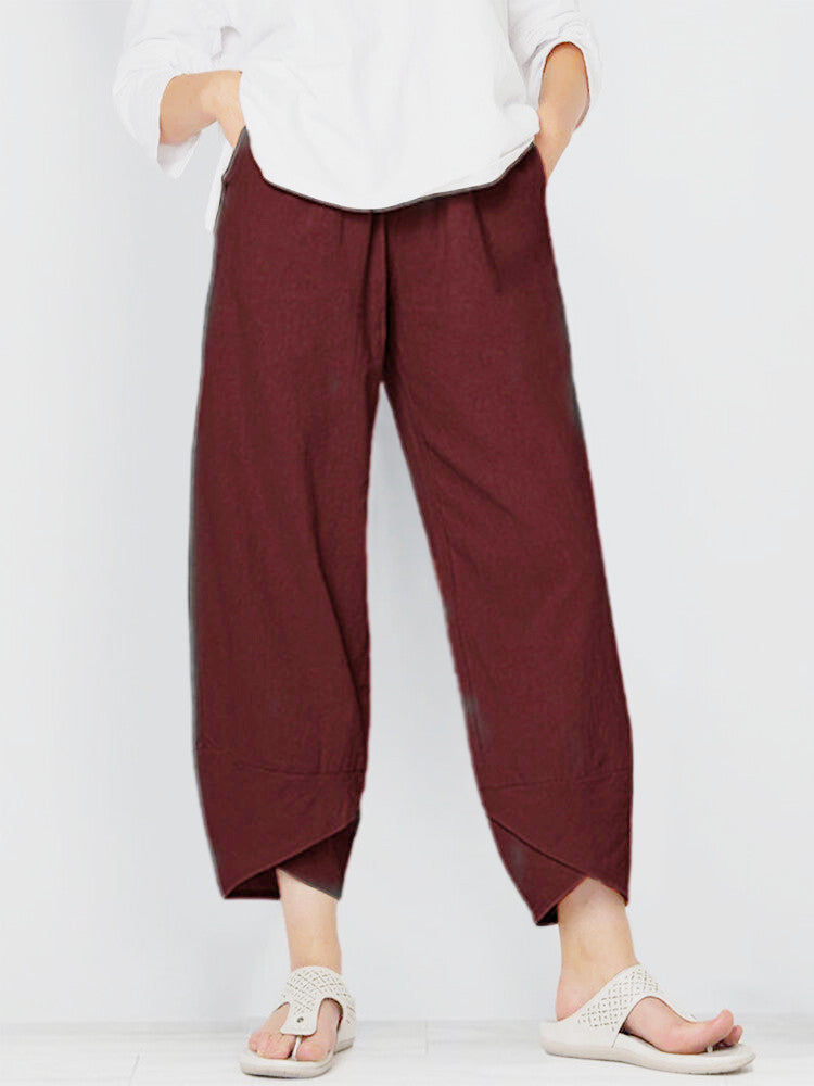 Pantalon décontracté ample en coton et lin à taille élastique pour femme