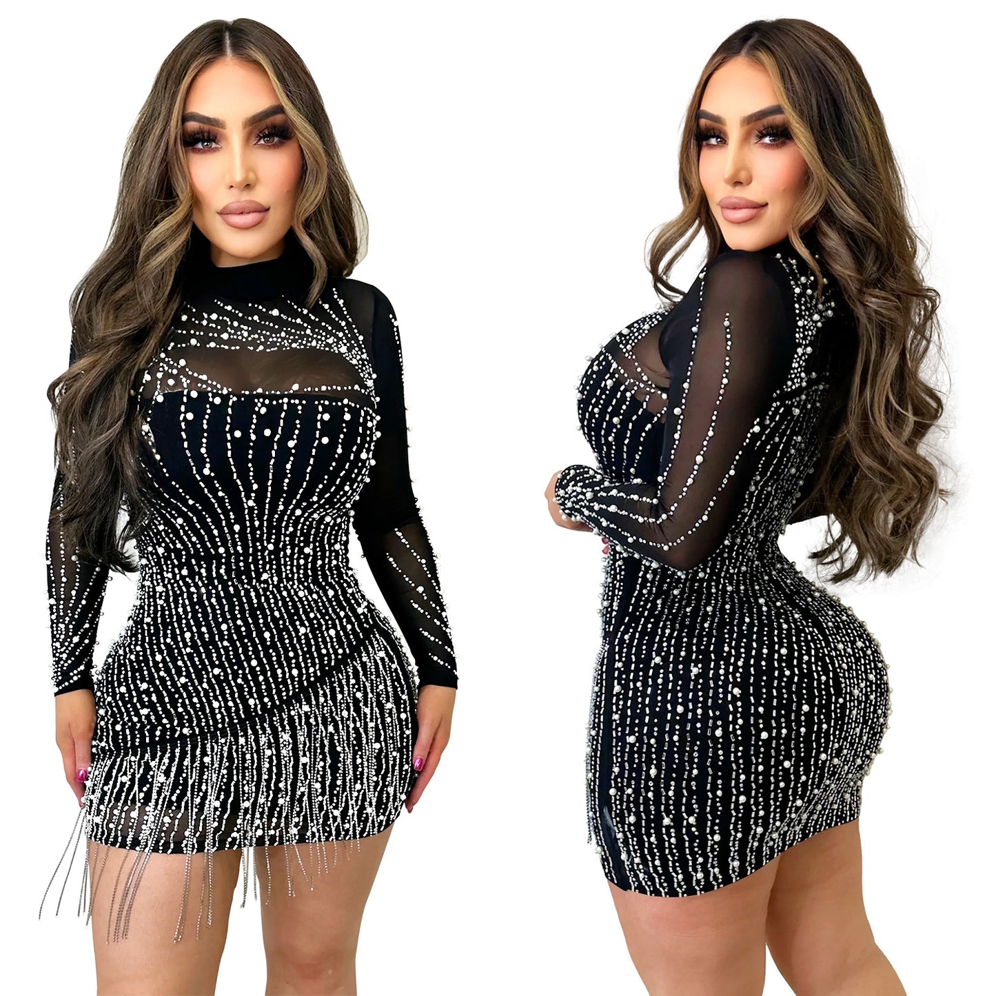 Women's Wear Long Sleeve Mesh Hot Drilling Dresses