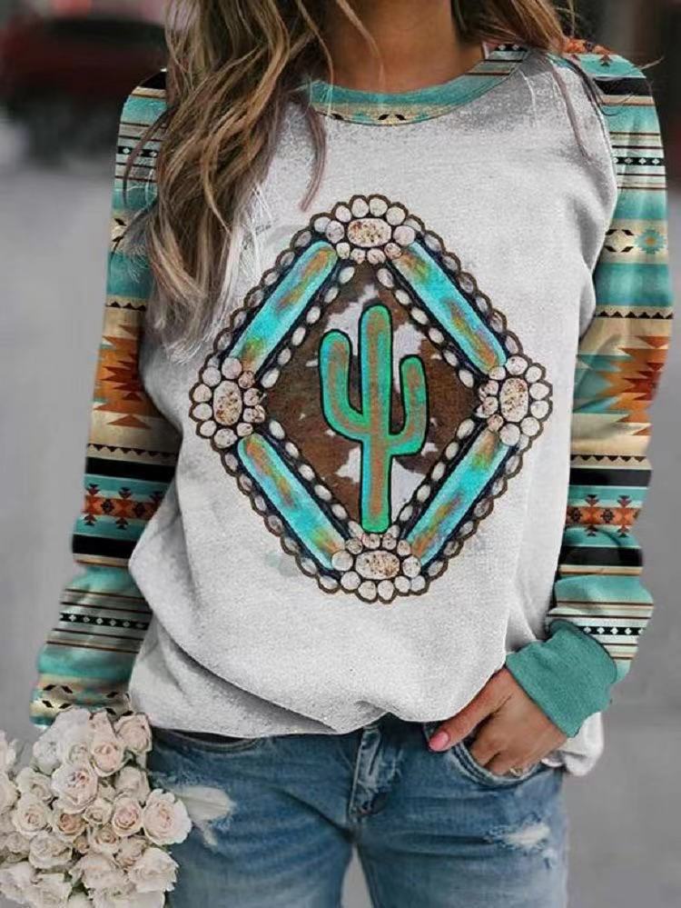 Women's Retro Printed Geometric Pattern Round Neck Long Sweaters