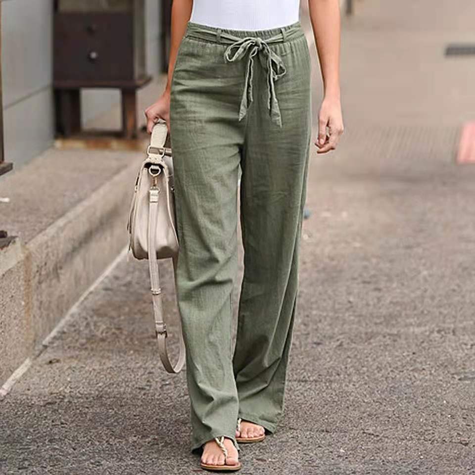 Women's Summer Elastic Waist Solid Color Cotton Linen Wide Pants