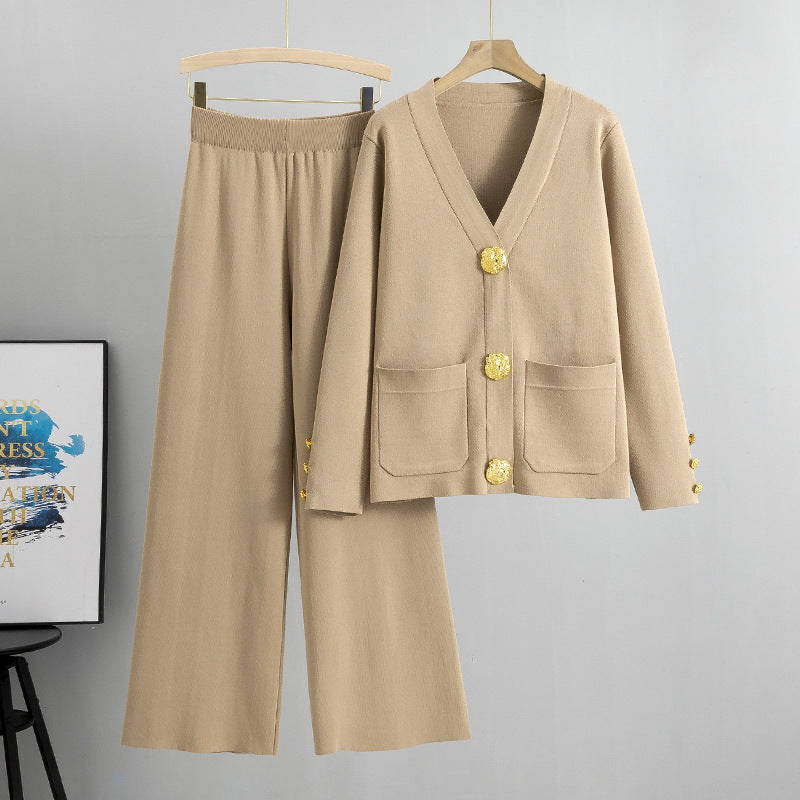 Women's Large Button Knitted Two-piece Loose Casual Suits