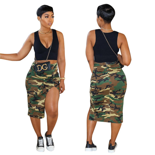 Women's Slit I-shaped Pocket Zipper Camouflage Skirts