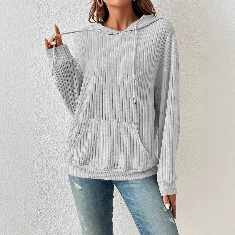 Women's Hooded Sunken Stripe Kangaroo Pocket Sweatshirt Knitwear