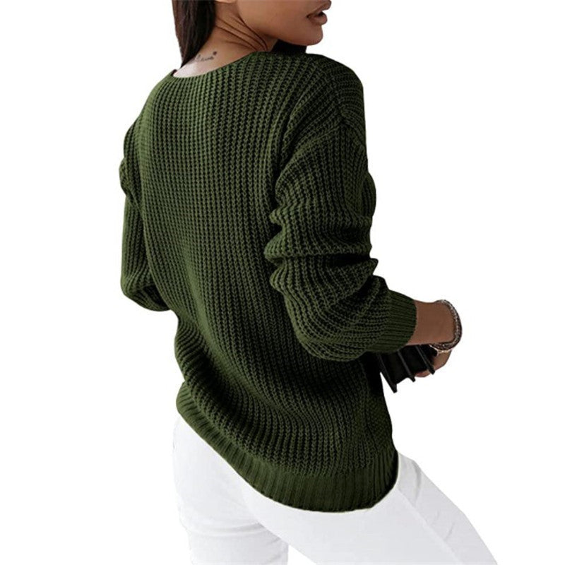 Women's Long Sleeve V-neck Solid Color Twist Casual Knitted Sweaters