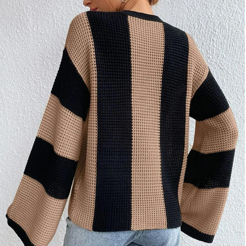 Women's Style Knitted Round Neck Striped Design Sweaters