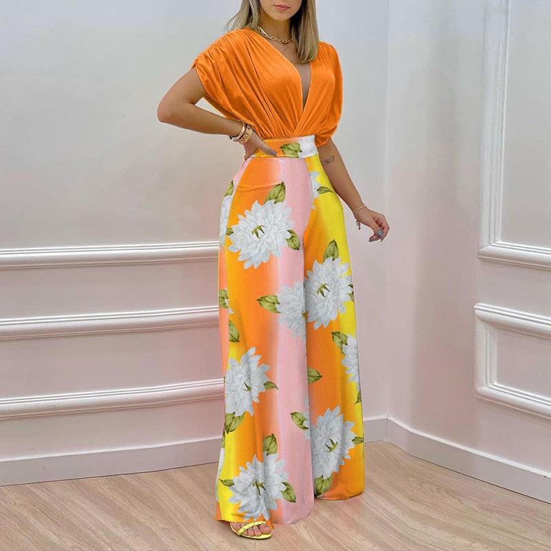 Women's Summer Elegant V-neck Printed Wide-leg Casual High Suits