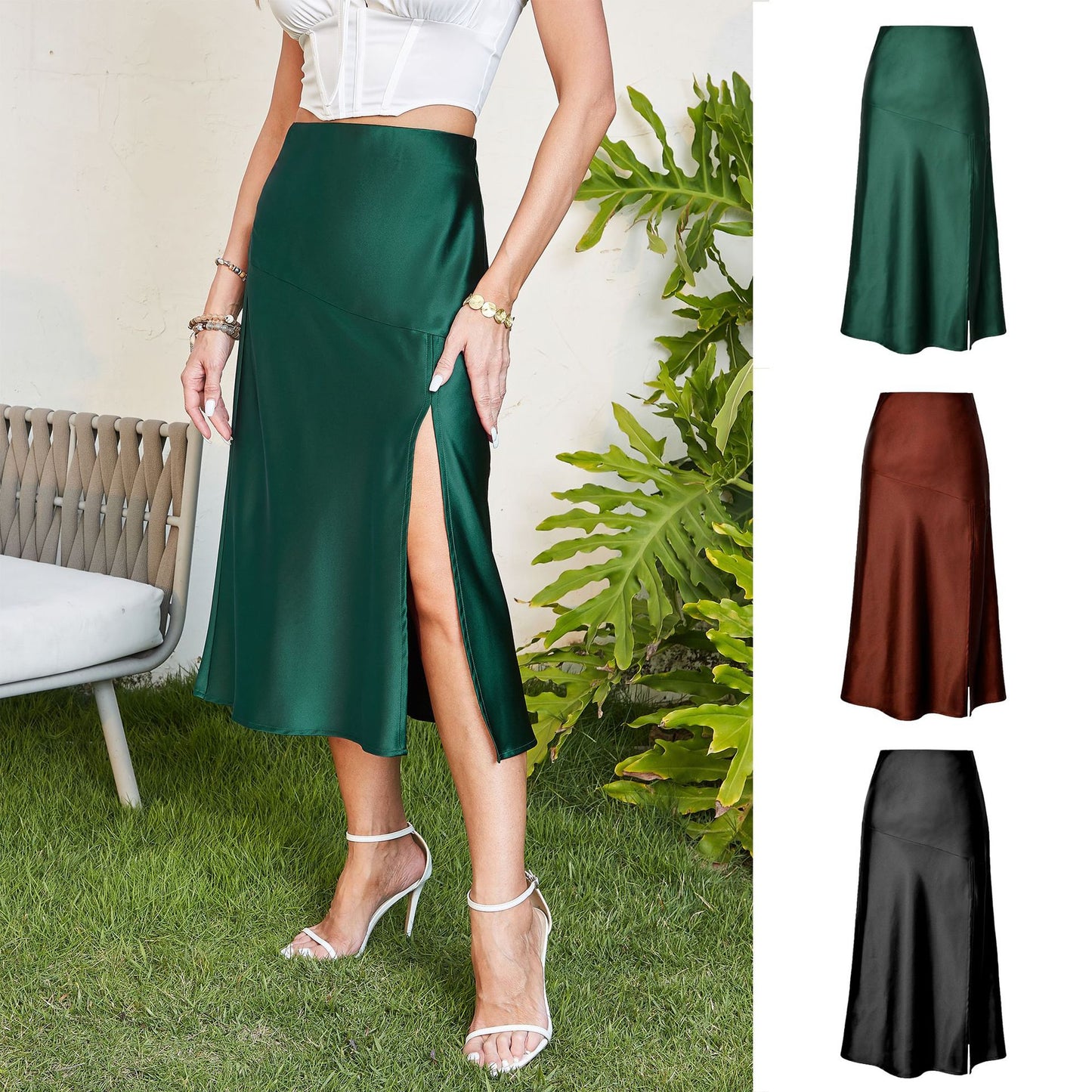 Women's Glossy Satin High-end Silky Pure Color Split Long Large Skirts