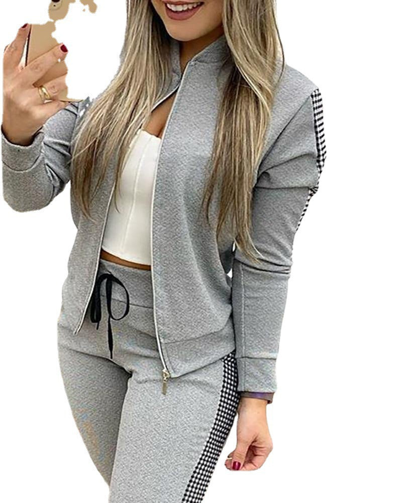 Women's Long Sports Zipper Stitching Plaid Suits