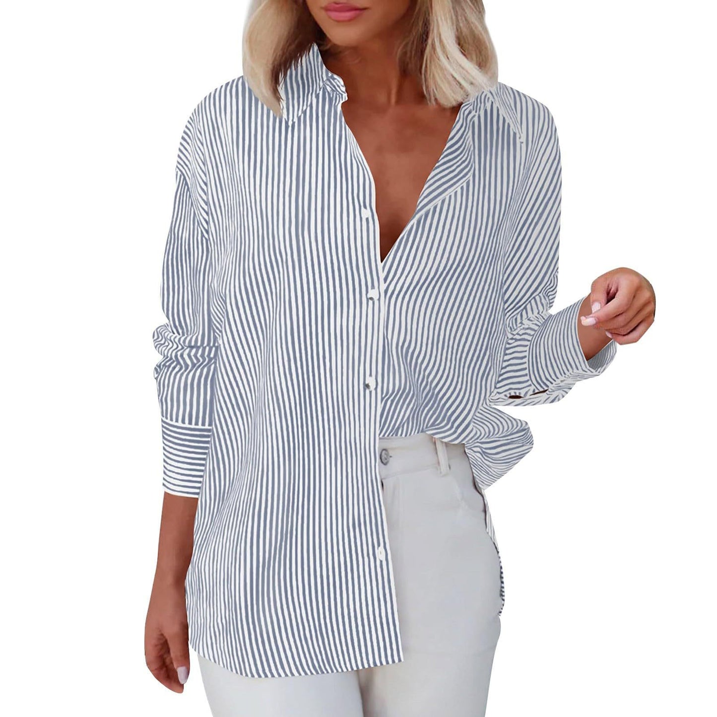 Women's With Pocket Loose Striped Classic Long Blouses