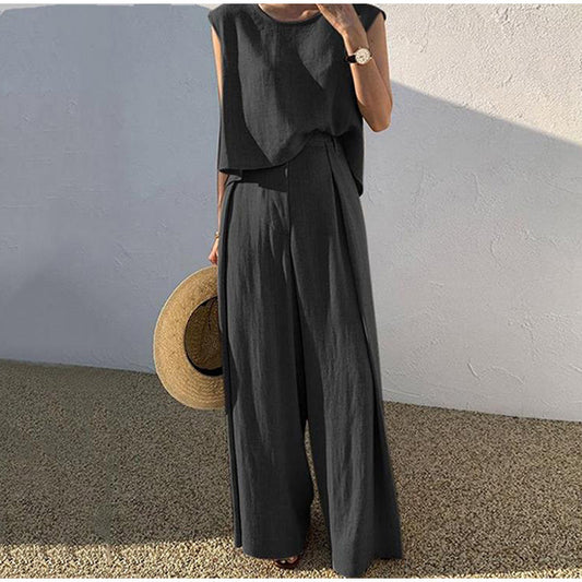 Women's Linen Loose Two-piece Sleeveless Wide Leg Suits