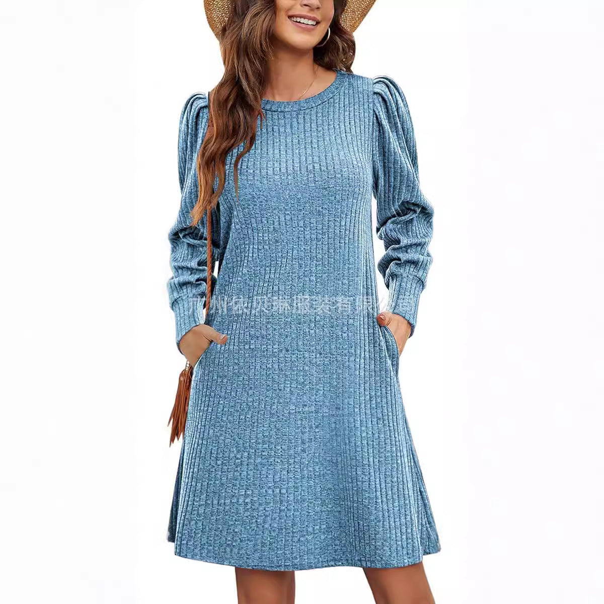 Women's Knitted Dress Bubble Long Sleeve Crew Dresses