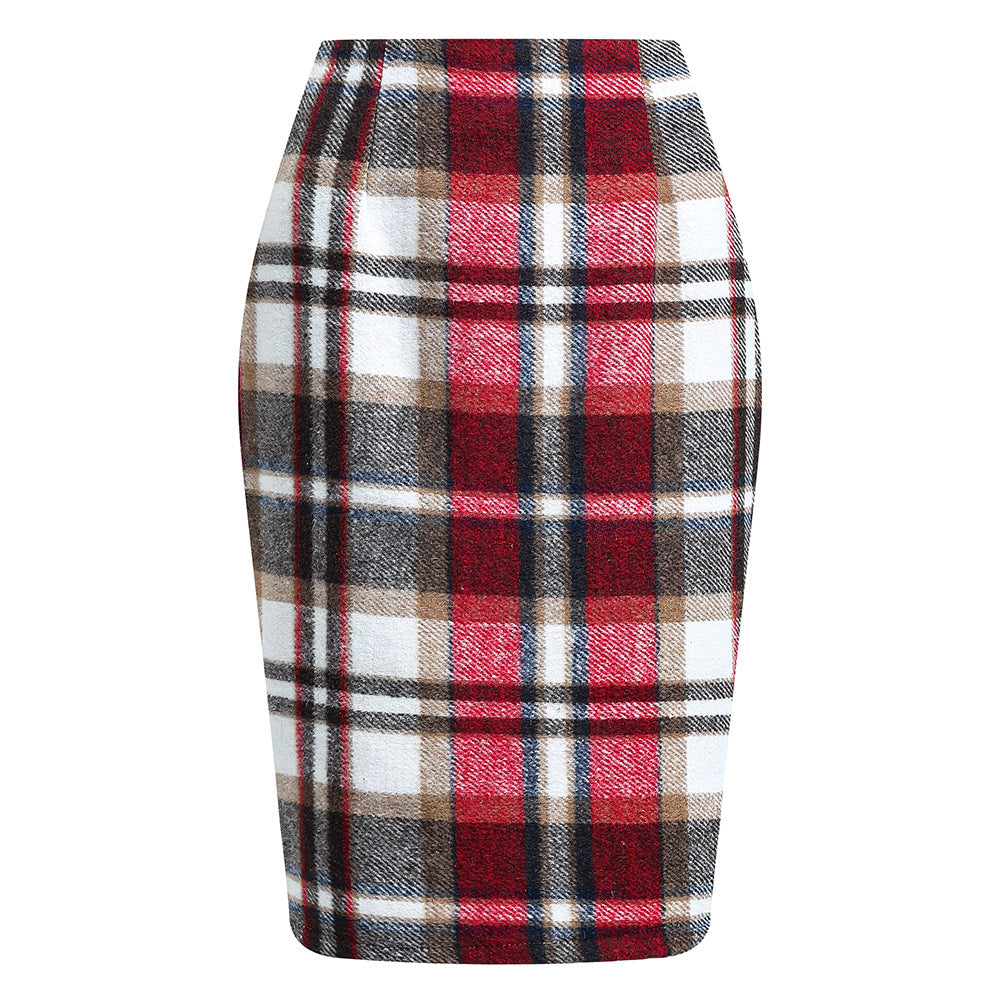 Women's Tartan High Waist Tight Knee-length Wool Skirts