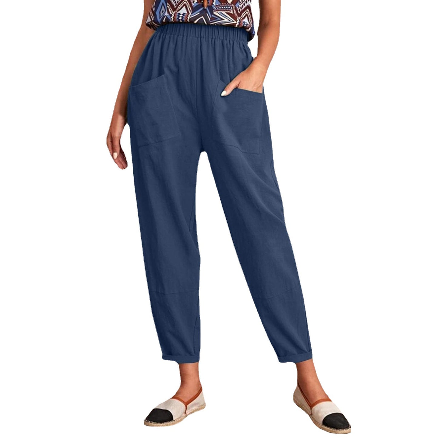 Pantalon en coton et lin à taille élastique pour femme avec poches diagonales