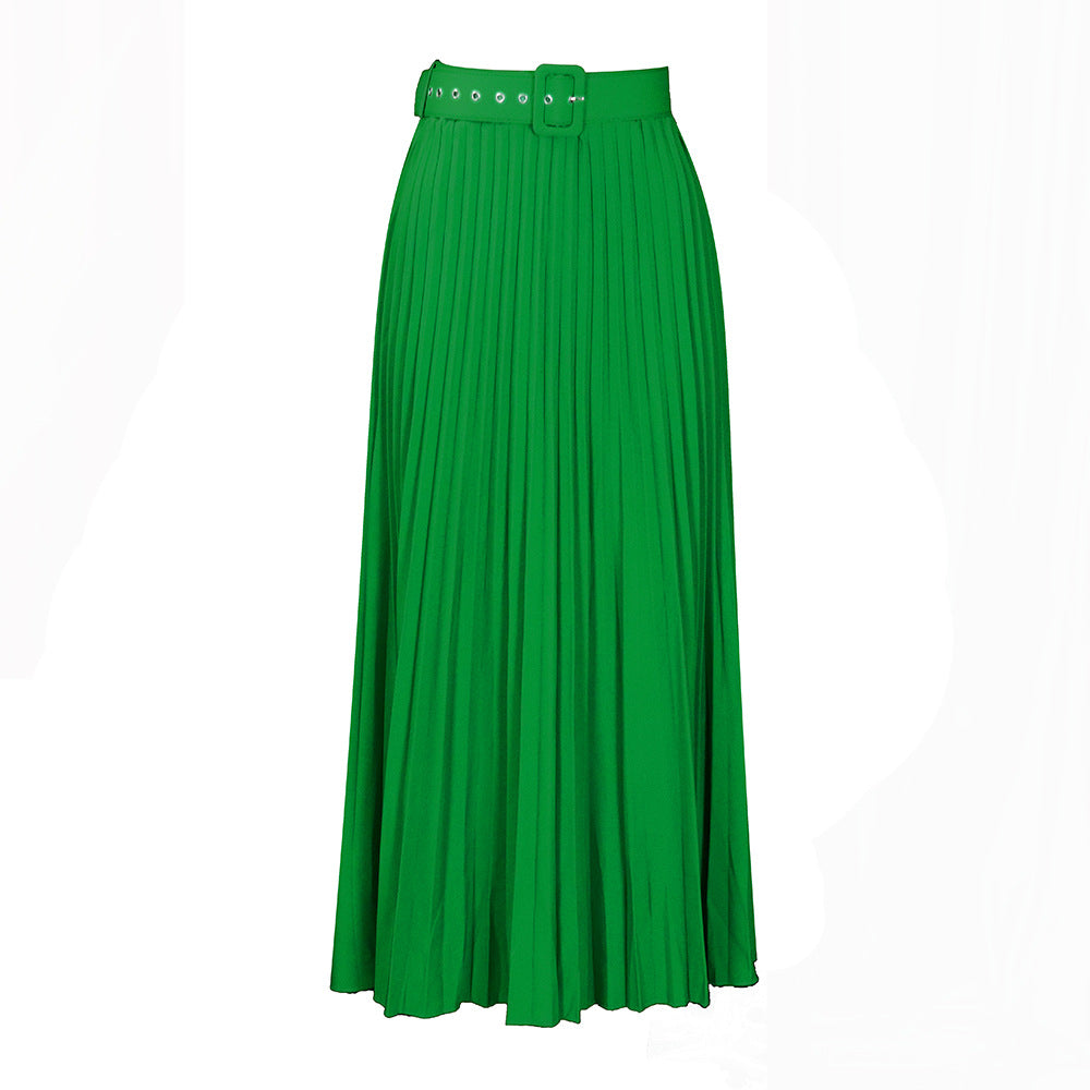 Women's High Waist Large Belt Mid-length Pleated Skirts