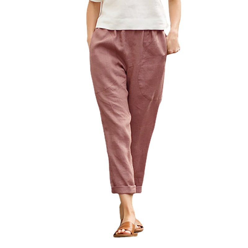 Pantalon décontracté en coton et lin pour femme, couleur unie, confortable