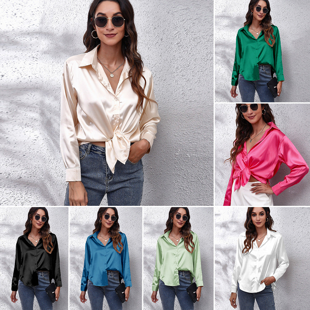 Women's Fashion Attractive Satin Shirt Long-sleeved Blouses