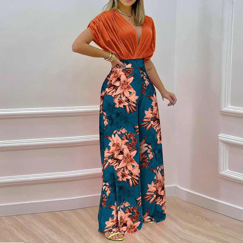 Women's Summer Elegant V-neck Printed Wide-leg Casual High Suits