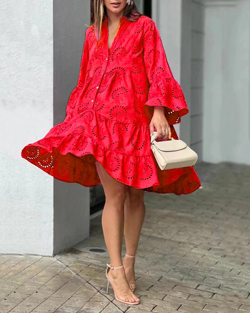 Solid Color Loose Embroidered Cutout Lace Dresses