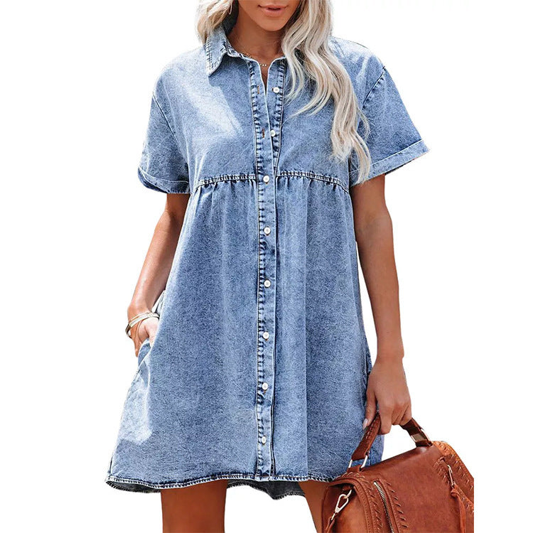 Washed Denim Lapel Loose Sweet Lotus Dresses