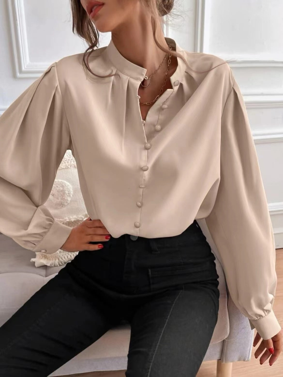 Women's Color Lapel Long Sleeve Single Row Blouses