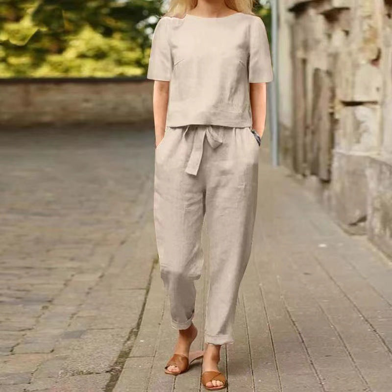 Women's Cotton Linen Summer Matching Half Sleeve Oversized Wide Suits