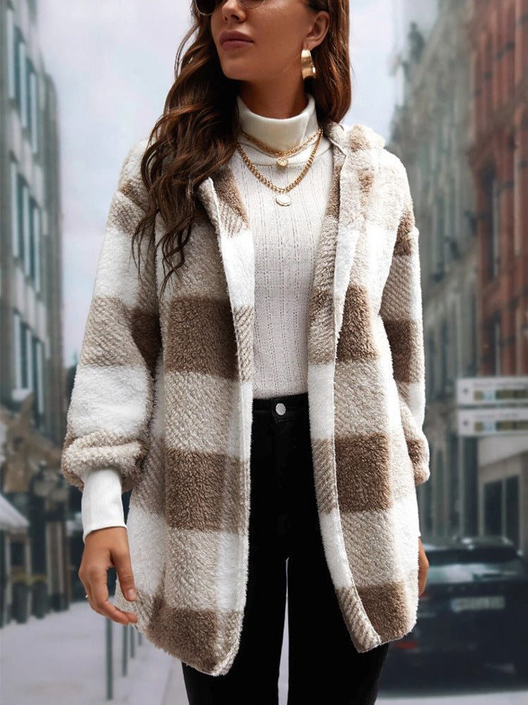 Women's Loose Plaid Color Stitching Knitted Fashion Coats