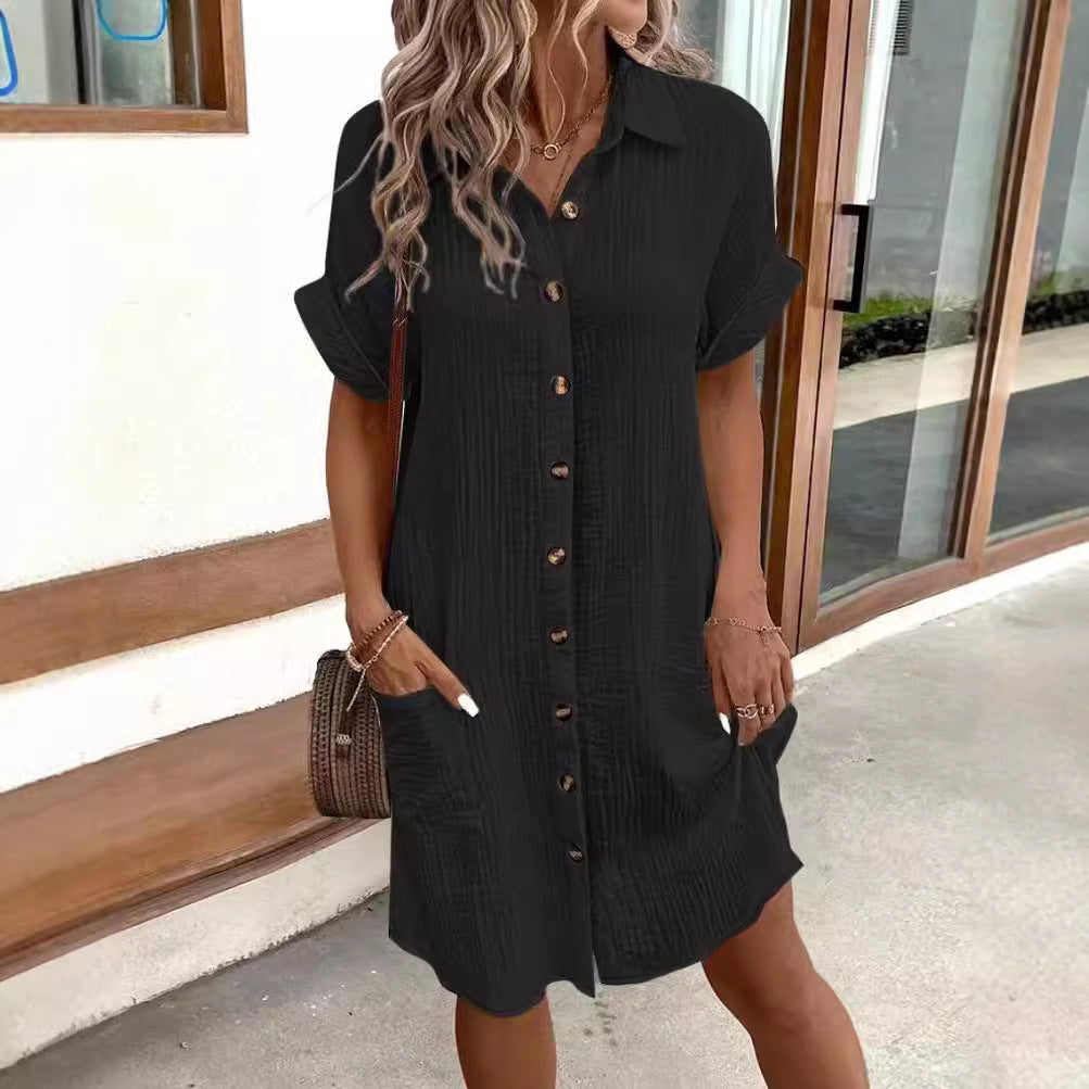 Women's Casual Solid Color Single-breasted Mid-length Sleeve Dresses