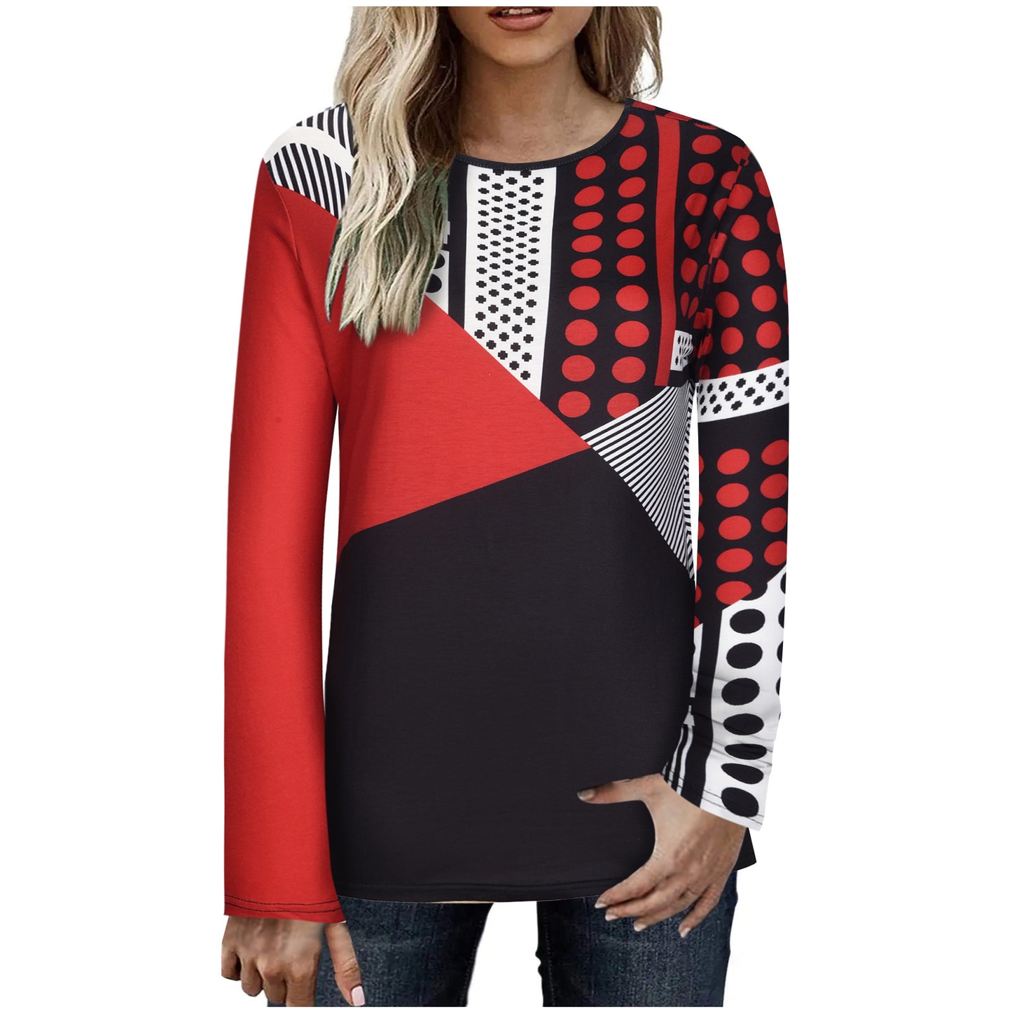 Women's Geometric Color Matching Long-sleeved T-shirt Blouses