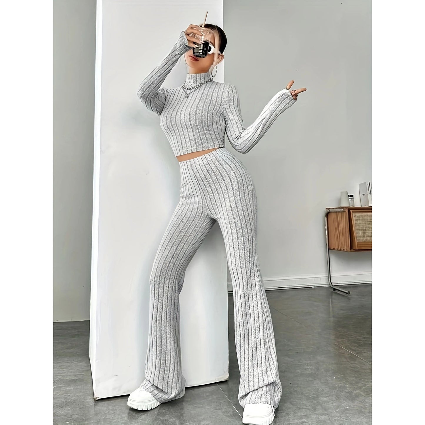 Spring Knitted Hooded Loose Trousers Two-piece Suits