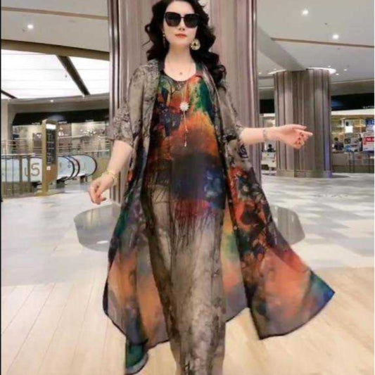 Silk Two-piece Set Fashion Loose Slimming Printed Suits