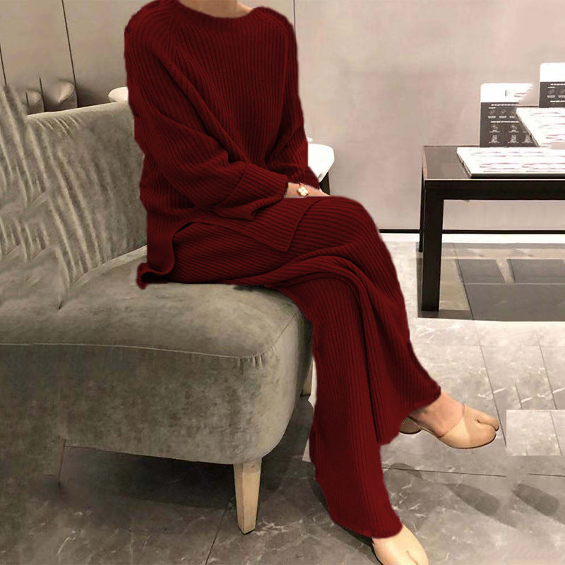 Women's Long Sleeve Solid Color Knit Casual Two-piece Suits