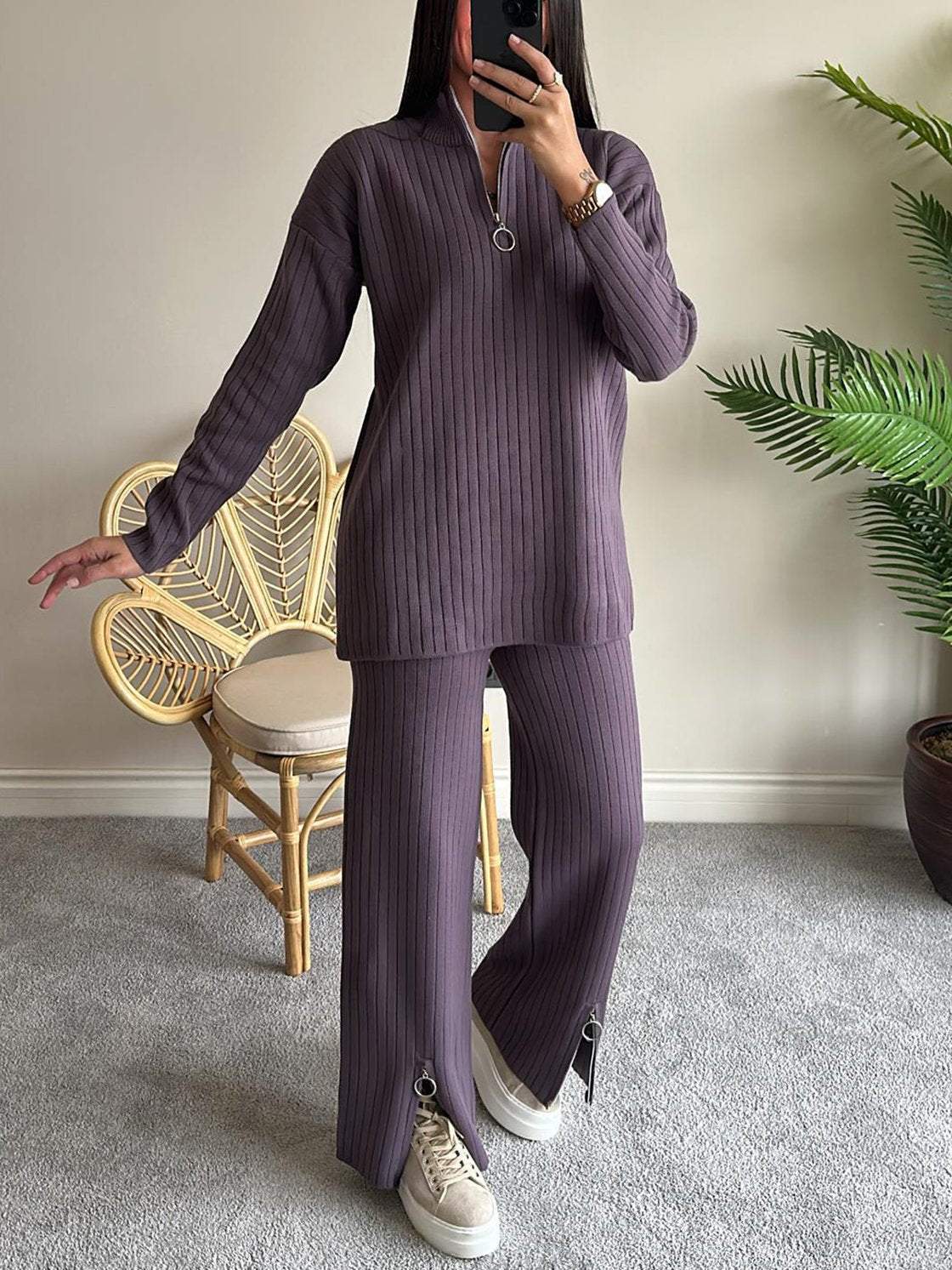 Women's Solid Color Zipper Knitting High Neck Ribbing Home Wear Suits