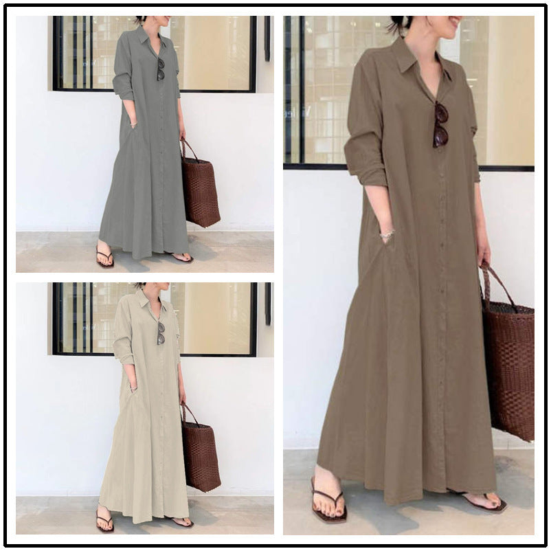 Women's Casual Loose Wear Solid Color Lapel Long Sleeve Dresses