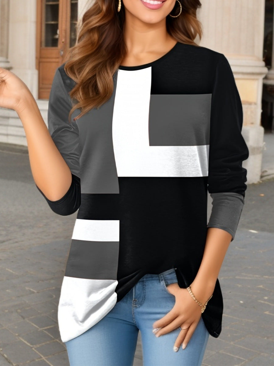 Women's Geometric Color Matching Long-sleeved T-shirt Blouses