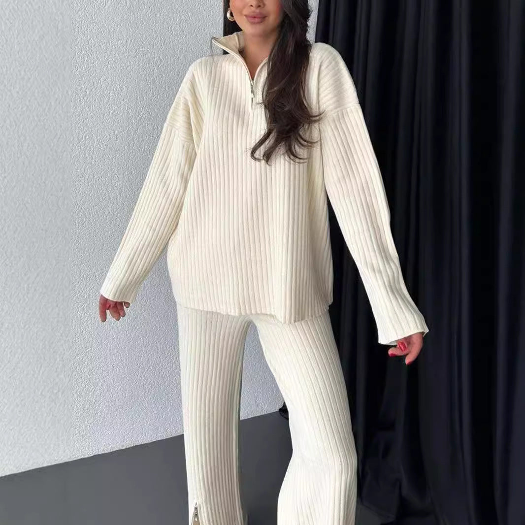 Women's Solid Color Zipper Knitting High Neck Ribbing Home Wear Suits