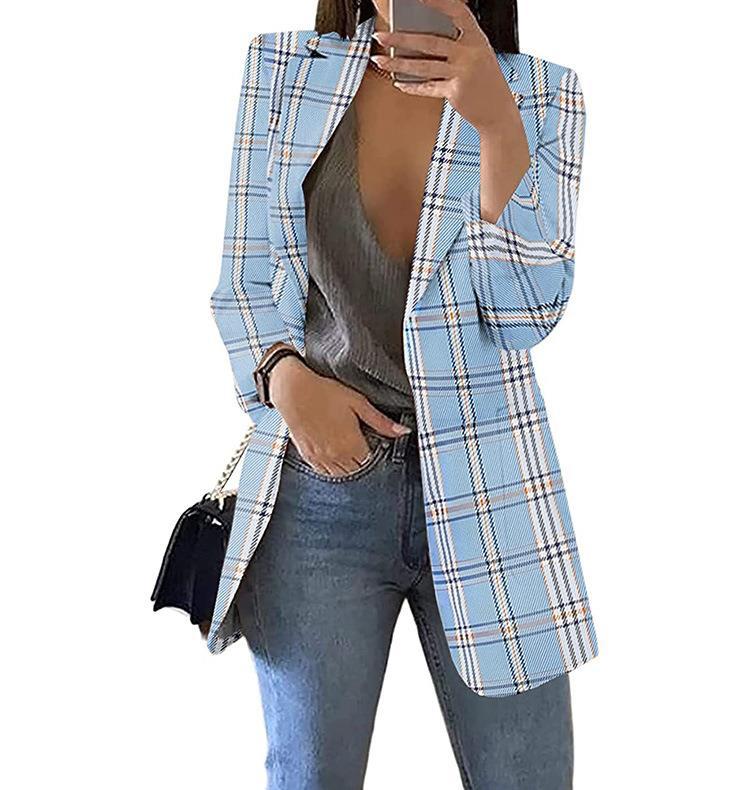 Blazer slim à revers à carreaux pour femme