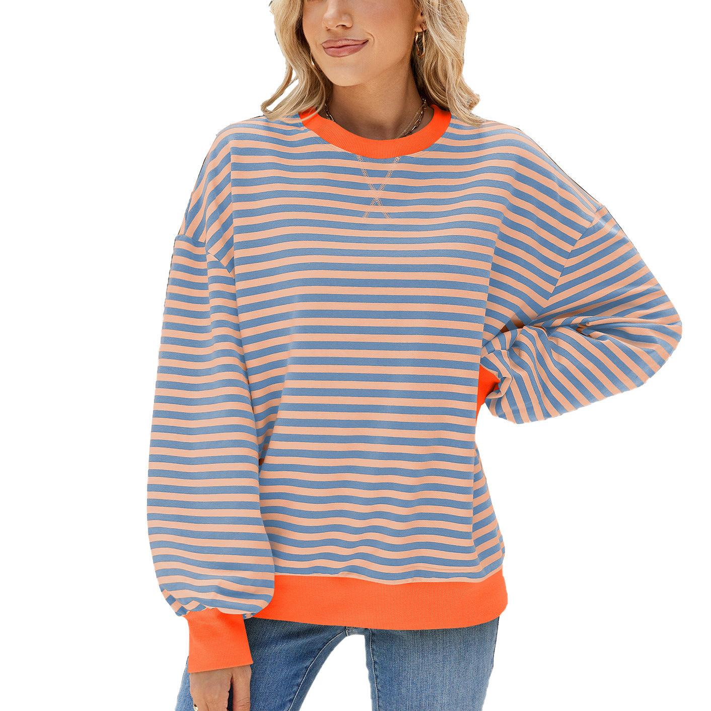 Women's Round Neck Contrast Color Loose Long Sweaters