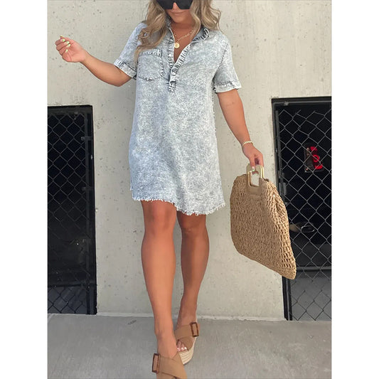 Summer Shirt Collar Denim Tassel Hem Dresses