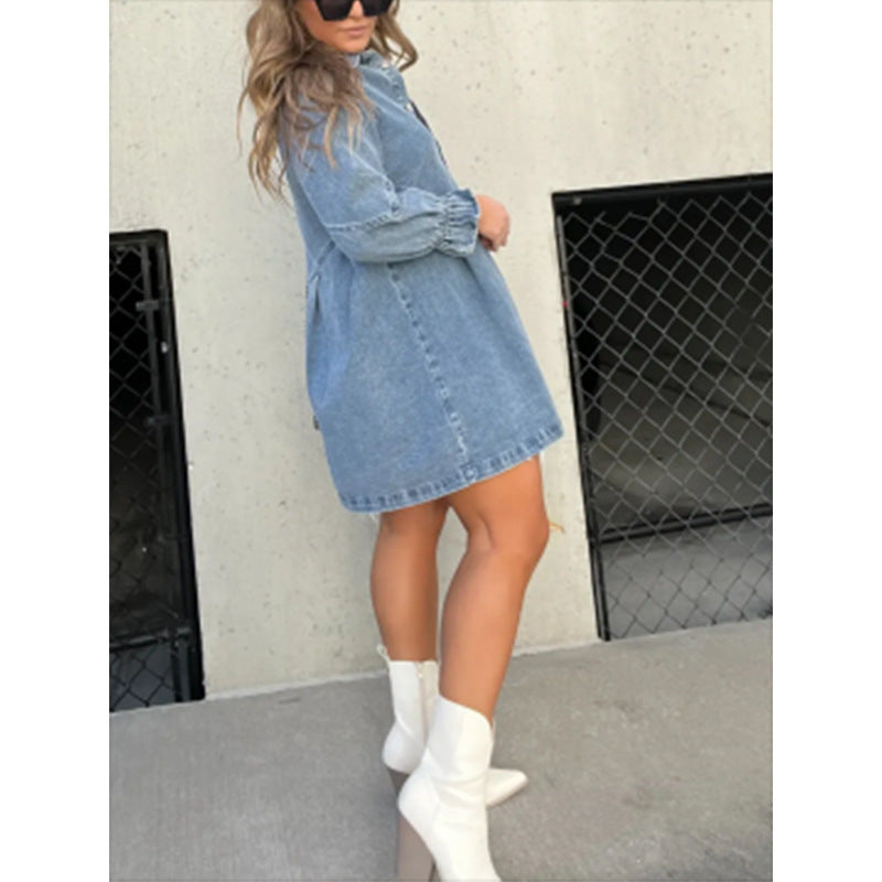 Washed Shirt Denim Lantern Sleeve Loose Dresses