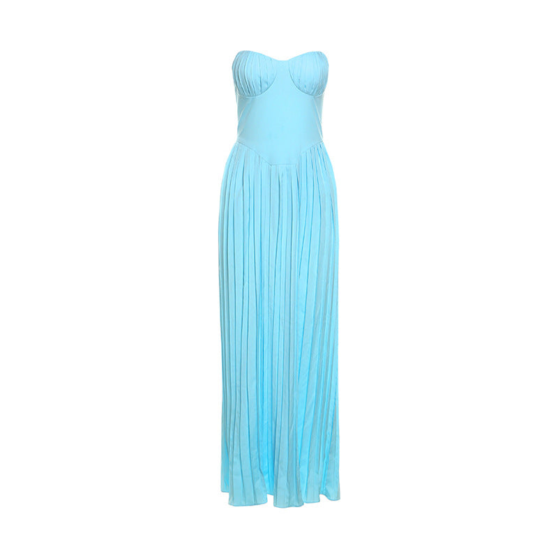 Women's Elegant Pleated Dress Tube Long Slim Dresses