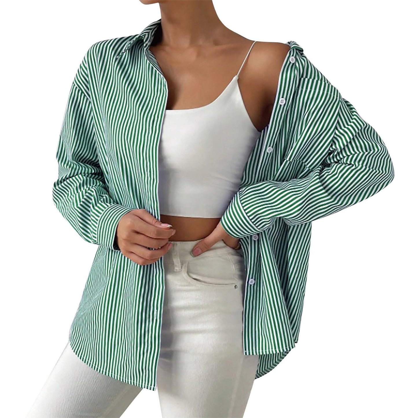 Women's With Pocket Loose Striped Classic Long Blouses